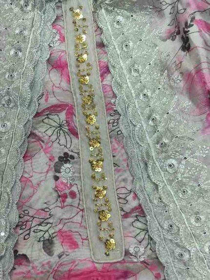 GREY COLOUR PRINTED ORGANZA SUIT WITH EMBROIDERY AND SEQUINS WORK