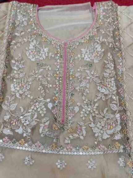 COLOUR BEIGE HEAVY EMBRIODED PURE ORGANZA SUIT