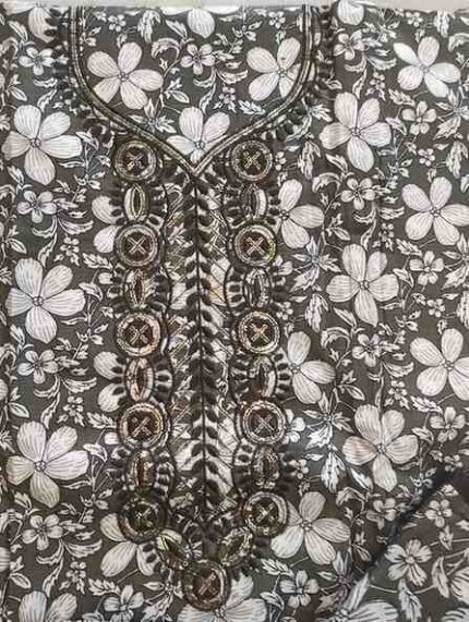 MILITARY GREEN COLOUR PURE COTTON PRINTED AND EMBROIDED SUIT