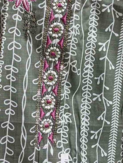 MILITARY GREEN COLOUR PURE COTTON EMBROIDED SUIT